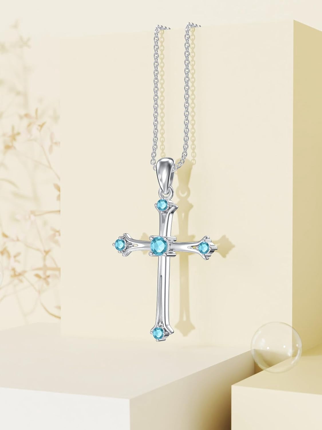 Dragonfly Cross Necklace 925 Sterling Silver Dragonfly Cross Pendant Necklace with March Aquamarine Heart Birthstone Birthday Jewelry Gift for Women