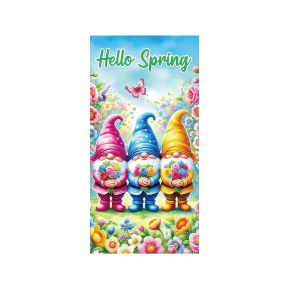 Hello Spring Door Cover, Cute Gnome and Flower Door Sign Banner, Colorful Easter Flowers Gnomes Welcome Banners for Indoor Outdoor Decor