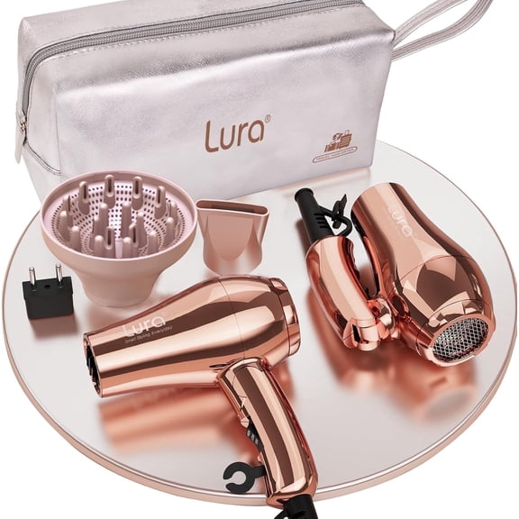 Lura Mini Travel Hair Dryer with Diffuser,Dual Voltage Small Blow Dryer Foldabel with Concentrator EU Plug,Rose Gold