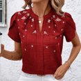 thumbnail image 4 of Tops de Color Sólido para las Mujeres Blusa de Manga Corta Plisada Hueca, Cuello de Pie Top de Moda Casual, 4 of 9
