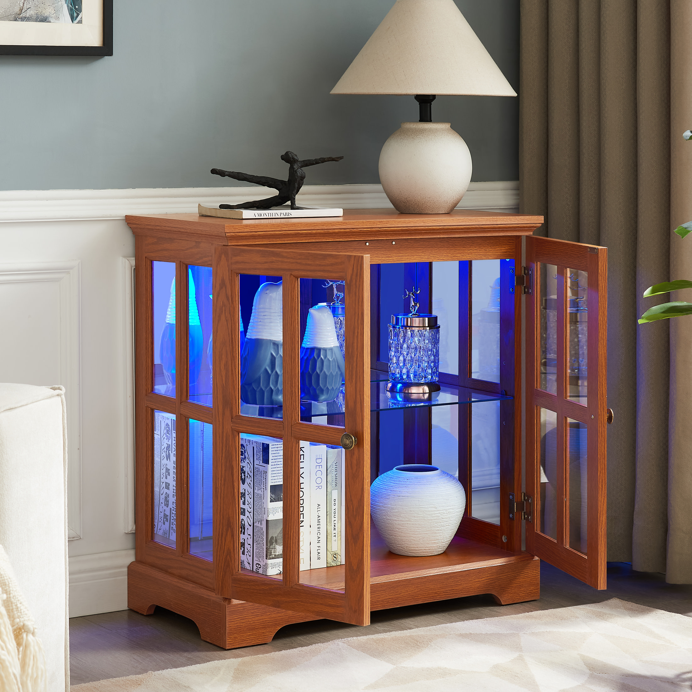 Noble House Belmere LED Curio Display Cabinet, 2-Door Antique Glass Bookcase with Adjustable Shelves, Dark Oak