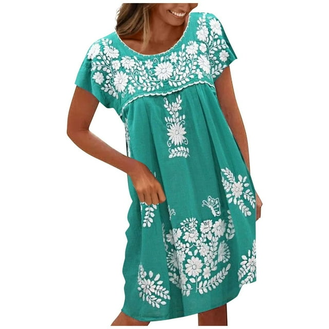QIPOPIQ Robe Maxi pour Femme Plage Élégante à Manches Courtes Tendance Décontractée Robes Aguichant d'Été Robe à Volants Imprimé Floral Chandail à Enfiler Robe à Col Rond Offres 2023