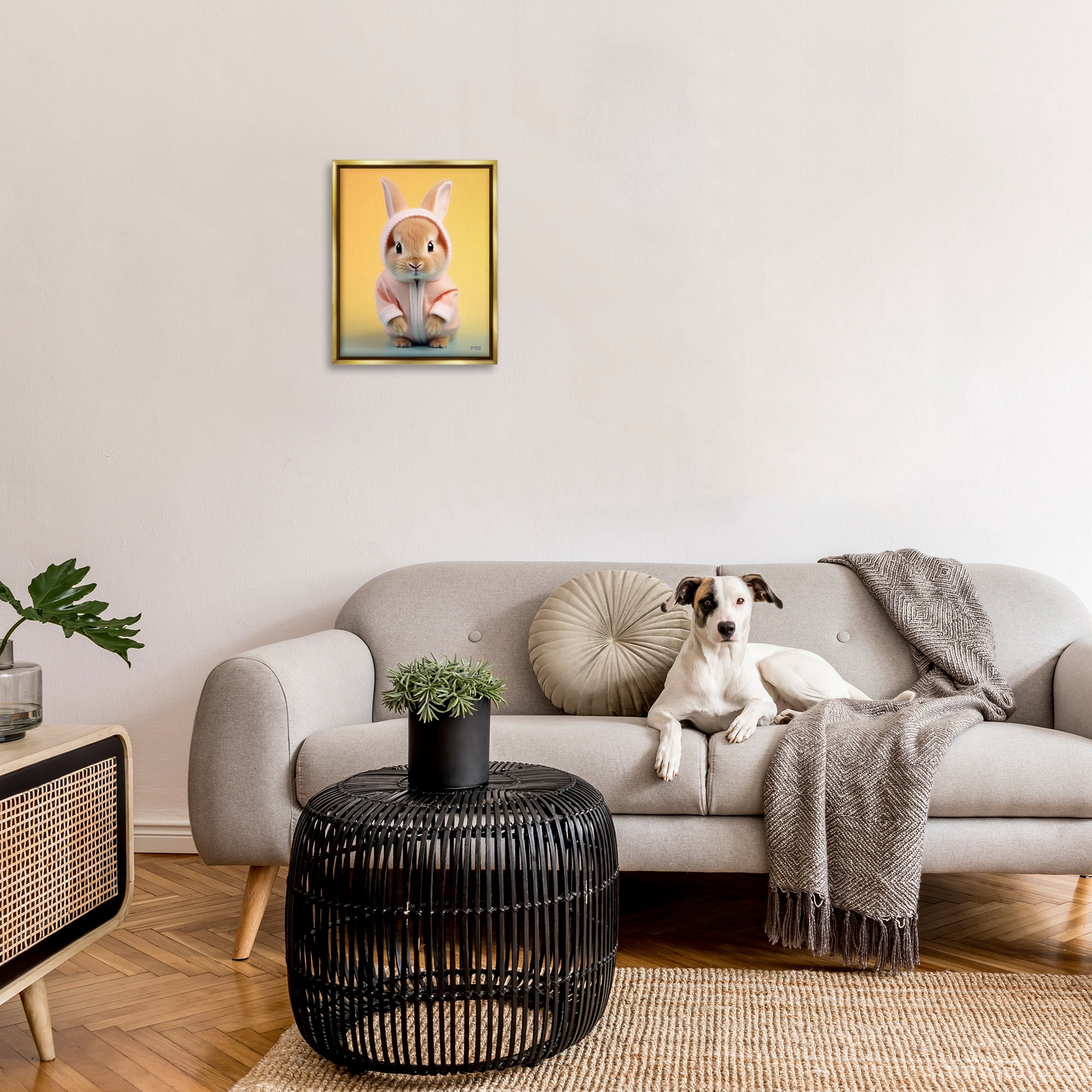 Stupell Industries Cozy Bunny on Yellow Animals & Insects Painting Gold Floater Framed Canvas Art Print Wall Art, 17 x 21