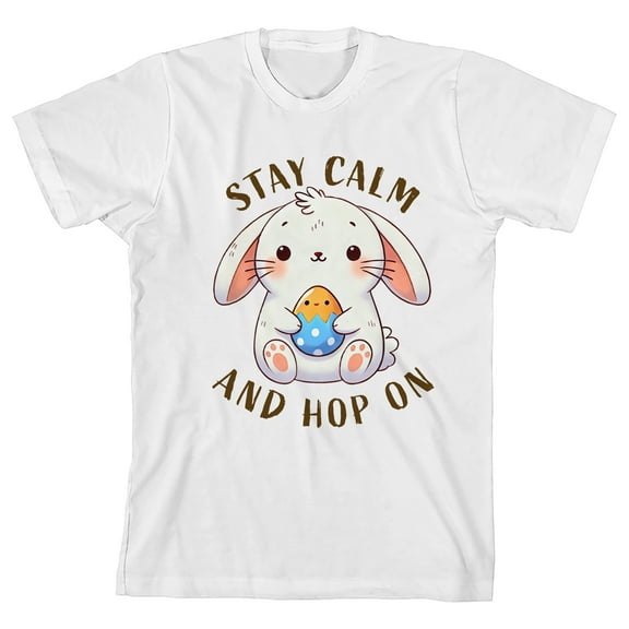 Bunny With Easter Egg Stay Calm And Hop On Youth Boy's White Crew Neck Short Sleeve T-shirt-Medium