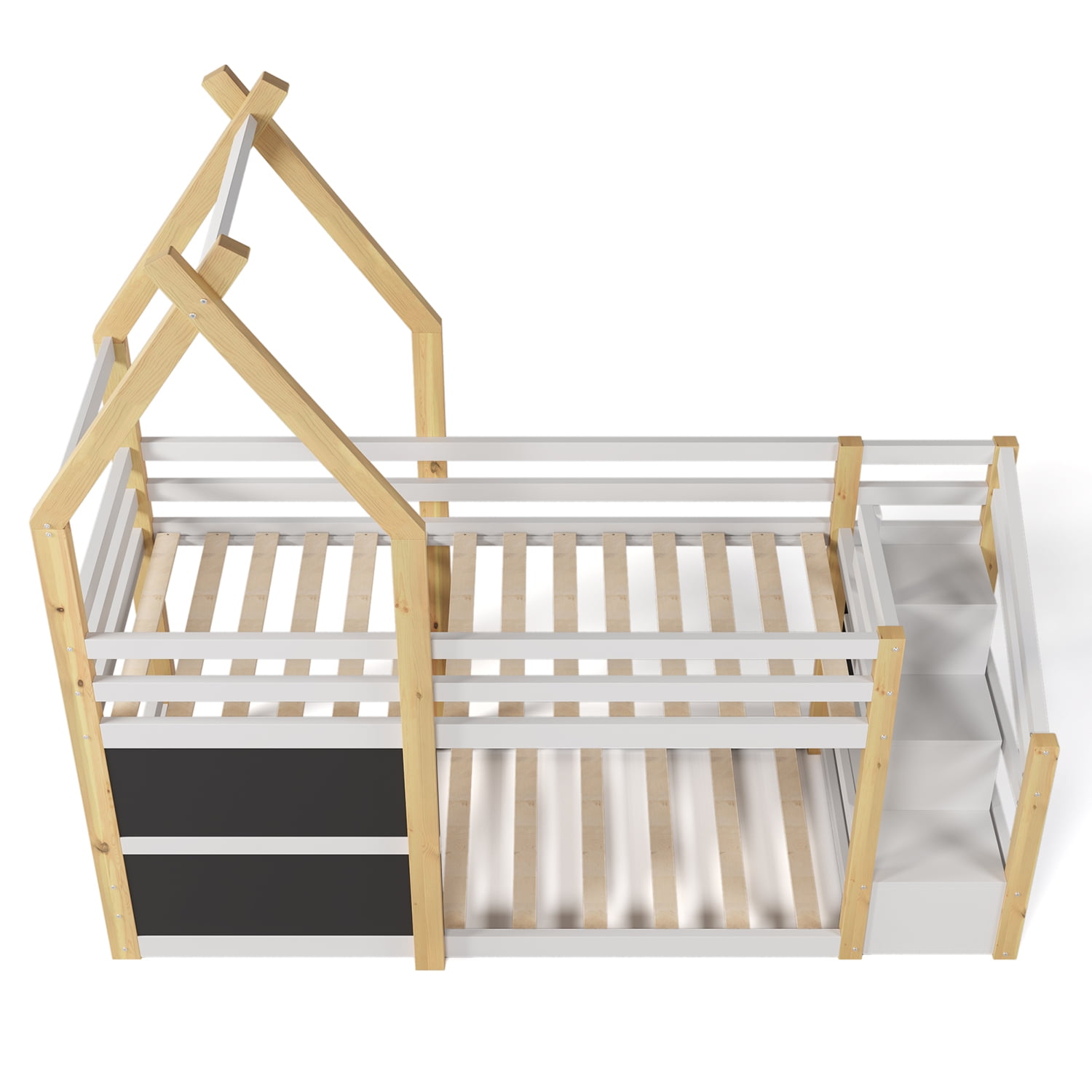 Kadyn Twin over Twin House Bed, Bunk Bed with White Storage Staircase and Blackboard, White