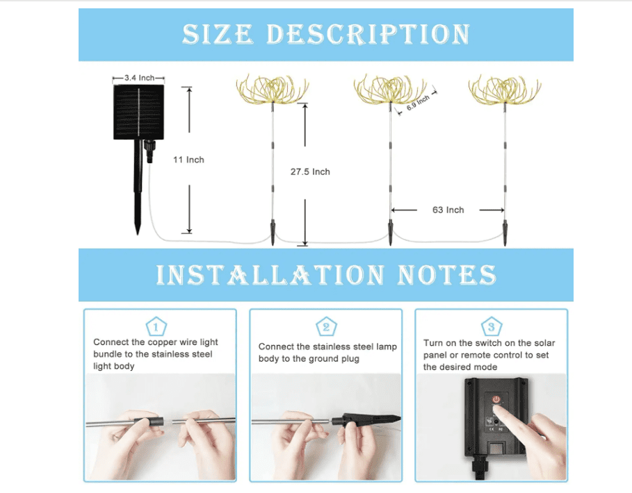 Solar Garden Lights, Outdoor Firework Lights, 3 Pack 120 LED Solar Lights Decorative Stake with Remote, 8 Modes DIY Landscape Light Waterproof Lamps for Walkway Pathway Backyard Lawn(Colorful)