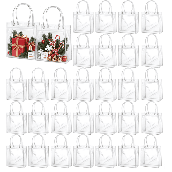 BEVTEE 30 Pack Clear PVC Gift Bags With Handles, Reusable Small Plastic Bags, For Party Favors Wedding Birthday, 6.3 x 5.9 x 2.7 Inch