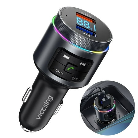 Bluetooth FM Transmitter for Car - QC3.0 Quick Charge (2 USB Ports), CVC Noise-Canceling Hands-Free Calls, 7-Color RGB LED, Hi-Fi Bass, Bluetooth/USB Music Play, 12-24V for All Cars/Trucks