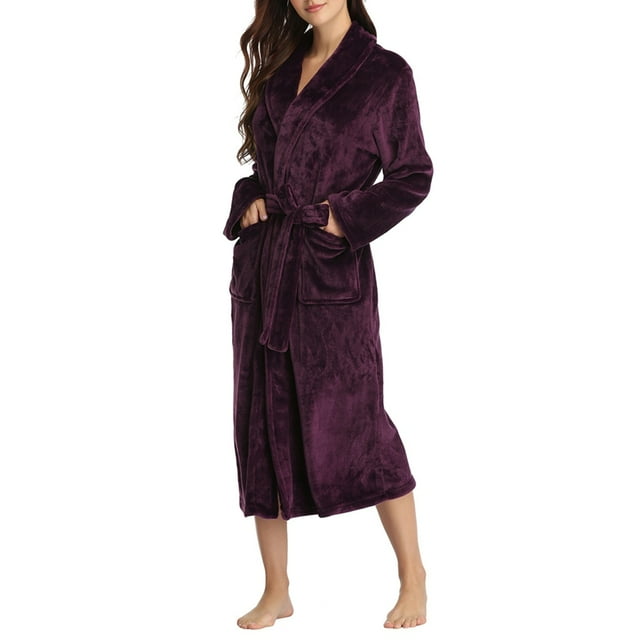 Womens Robes Plush Fleece Hooded Bathrobe Thick Nightgown with Pockets Sleepwear Deep Robe XL