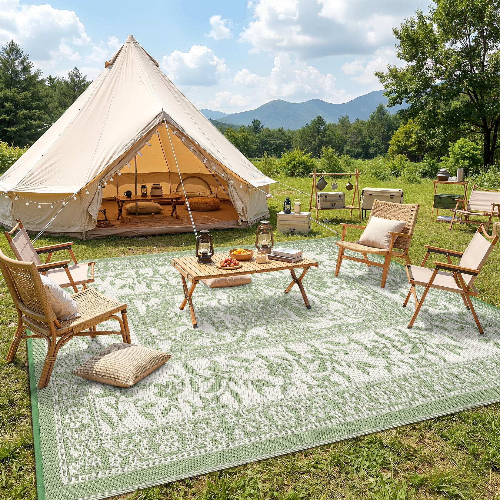 Garvee Outdoor Rug 9x12ft Waterproof Reversible Foldable Plastic Straw Rug, Modern Floral Border Outdoor Mat for Patio, Camping, RV, Deck, Porch, Balcony, Gray Green