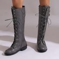 thumbnail image 2 of Rokment Vintage Knee High Combat Boots for Women Fall Winter Punk Mid Century Leather Lace up Buckles Mid Calf Riding Tall Boots with Side Zipper Grey Size 6, 2 of 7