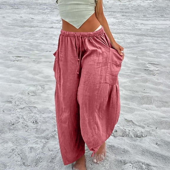 Simua Women Summer Beach Vacation Pants High Waisted Wide Leg Pants Solid Color Loose Flowy Casual Palazzo Lounge Trousers