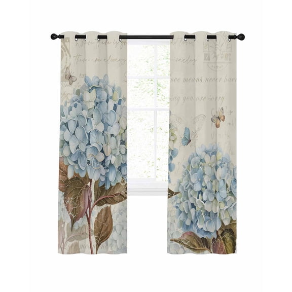 Blue Hydrangea Blackout Curtains, Light Blocking Print Window Curtains, Spring Floral Leaves Butterfly Vintage Beige Thermal Insulated Window Drapes for Living Room 2 Panels, 104"W x 63"L