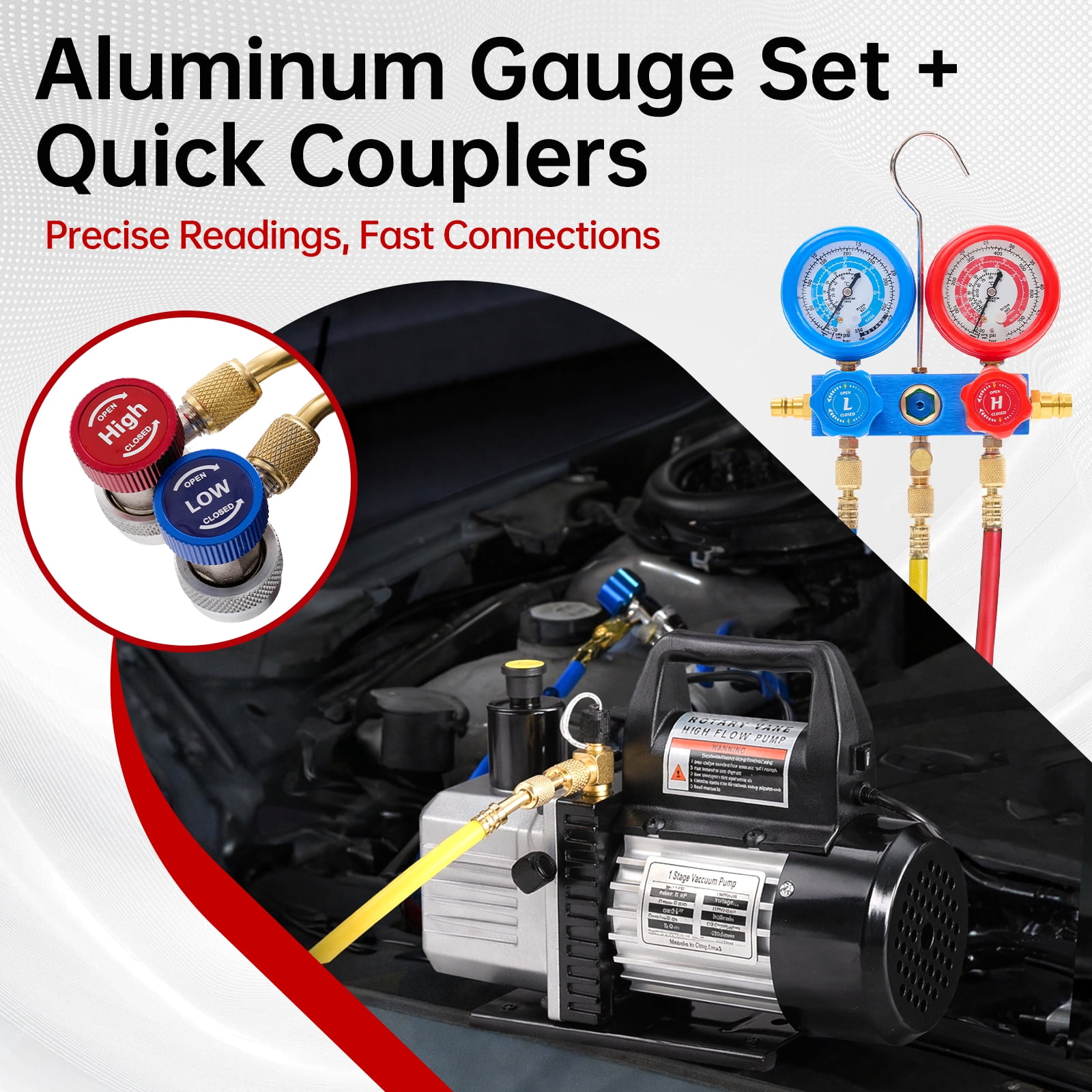 EDX 1/3 HP 4CFM R134A AC Manifold Gauge Set Aluminum Valve with 4 Set High/Low Pressure Quick Couplers for HVAC Vacuum Pump, Black