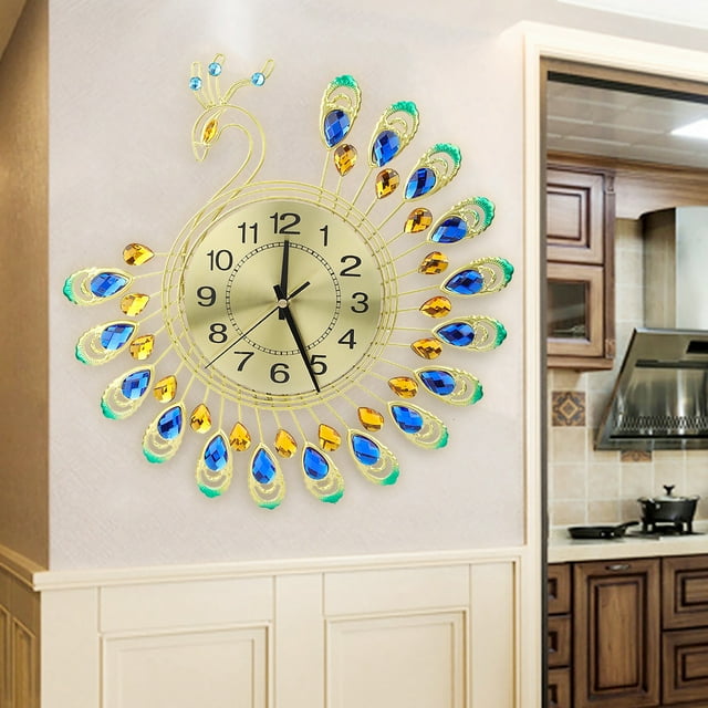Decorative Wall Clock Iron Modern Wall Clock Large 3D Peacock Shape Non Ticking Silent Clock for Living Room Decor