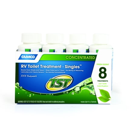 - Camco TST Fresh Scent RV Toilet Treatment, Formaldehyde Free, Breaks Down Waste And Tissue, Septic Tank Safe, Treats up to 8 - 40 Gallon Holding Tanks (8-pack of 4 ounce singles) (40221)