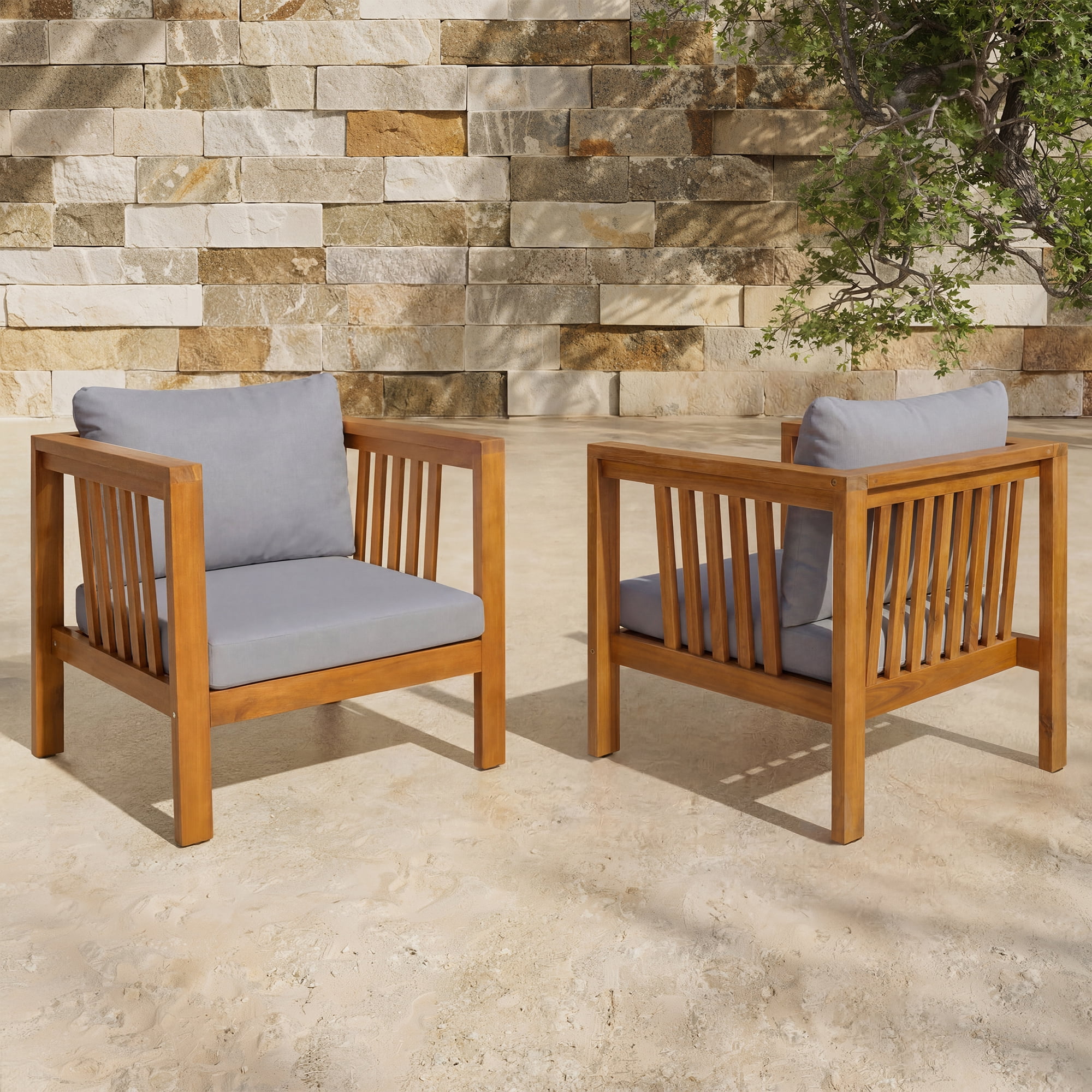 Mintazer Outdoor Club Chairs Set of 2, Patio Armchairs with Cushions & Adjustable Leveling Feet for Patio, Garden, Balcony & Backyard, Natural & Grey