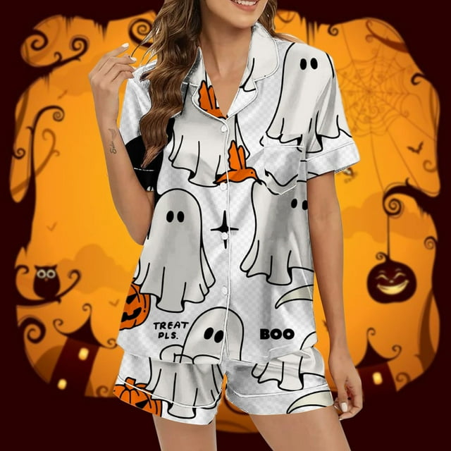 Ensembles de Pyjama pour Femmes Pyjamas Graphiques Imprimés Satin Mignons Vêtements de Nuit Boutons Hauts à Manches Courtes Shorts Ensembles L
