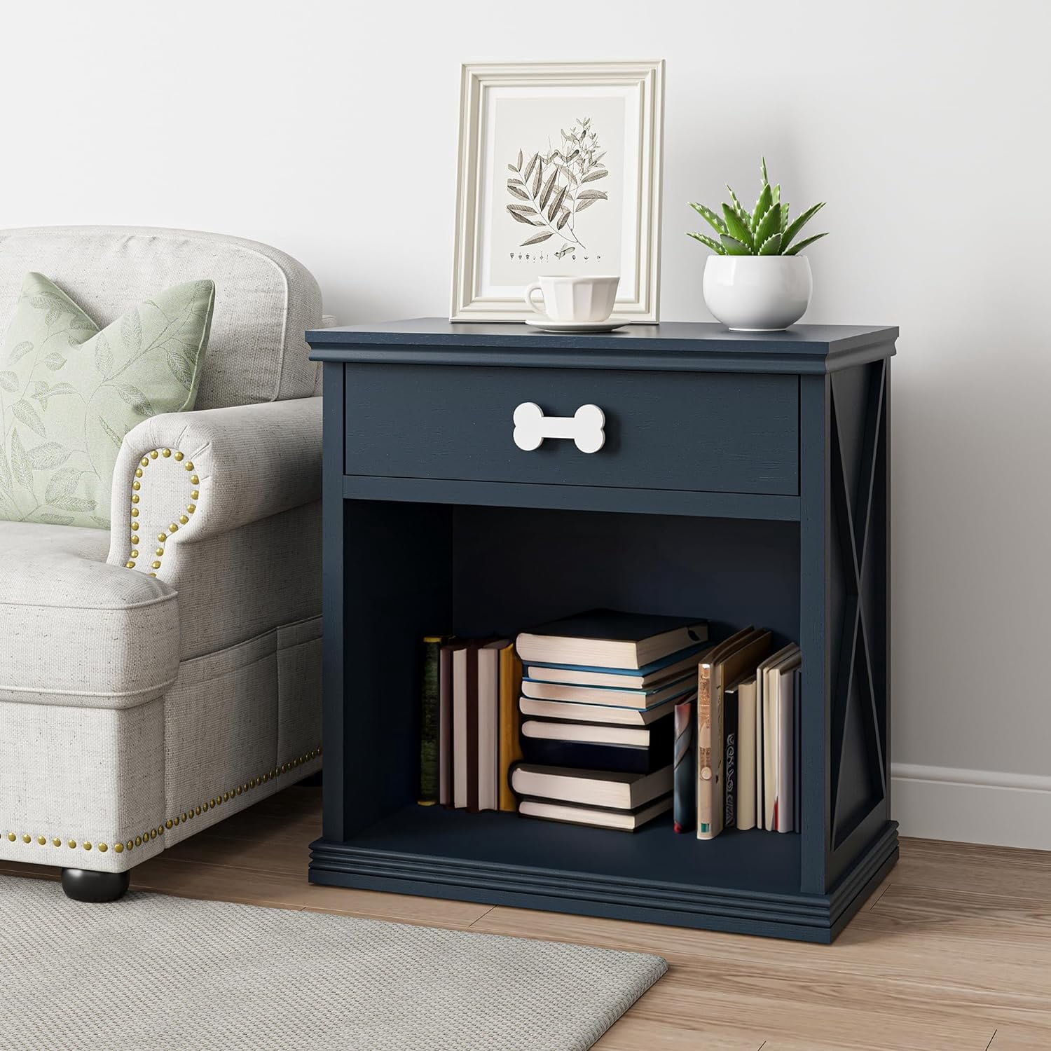 CozyHome Vintage Small Storage Cabinet with Led Light and Pet Bed, Hidden Cat Litter Box with Drawer and Semi-Open Space, Multi-Functional Nightstands with Pet House for Living Room, Bedroom, Blue