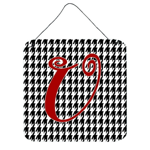 Letter U Initial Monogram - Houndstooth Black Wall or Door Hanging Prints