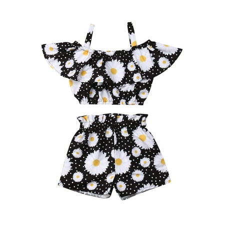 

TOPGOD Toddler Baby Girl Clothes Ruffled Off Shoulder Floral Strap Crop Top Shirt Elastic Waist Shorts 2PCS Pants Outfit Set