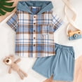 thumbnail image 2 of newwalpole Boys Clothes Shorts Sets Plaid Short Sleeve Hooded Button Shirt and Jogger Shorts for Kids Summer Outfits Light Blue for Size 3-4 Years, 2 of 4
