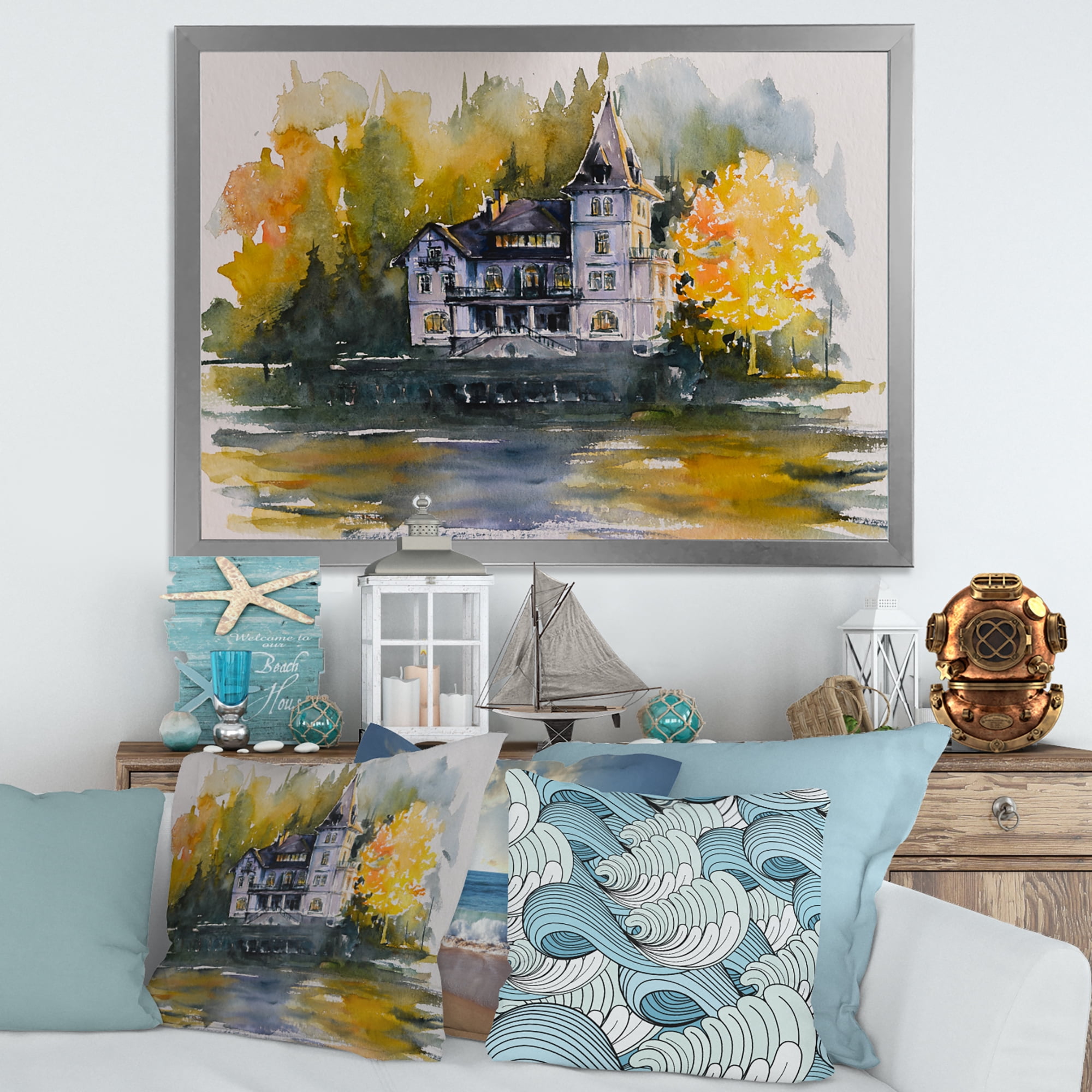 Designart 'Castle With Autumn Trees By The Lake' Lake House Framed Art Print