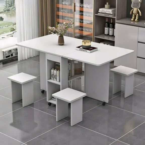 S-HOME Compact Folding Drop Leaf Dining Table with Chairs for 4, Space Saving Design and 6 Wheels, 47.2 Inches White