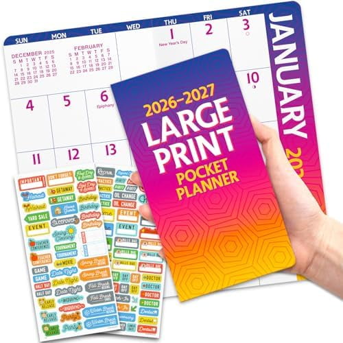 Large Print 2026-2027 Pocket Calendar - Deluxe 2026 Easy to See Large Grid 2-Year Pocket Planner Bundle with Over 100 Reminder Stickers (Low Vision Gifts, Office Supplies)