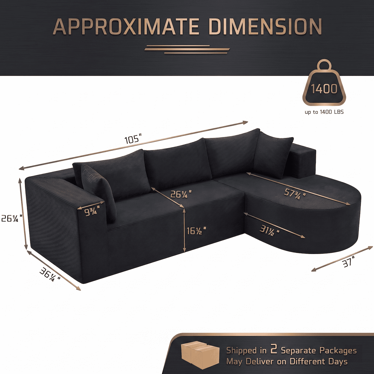 Xiweot 105" Modular Sectional Sofa, Cloud Couch with Chaise, Boneless Corduroy L Shaped Couch, No Assembly Deep Seat Sectional Sofa for Living Room Apartment (Left Chaise)