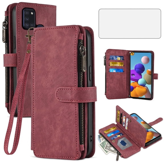 Asuwish Kickstand Hard Shell Wallet Cell Phone Case with Tempered Glass Screen Protector for Samsung Galaxy A21S, Red