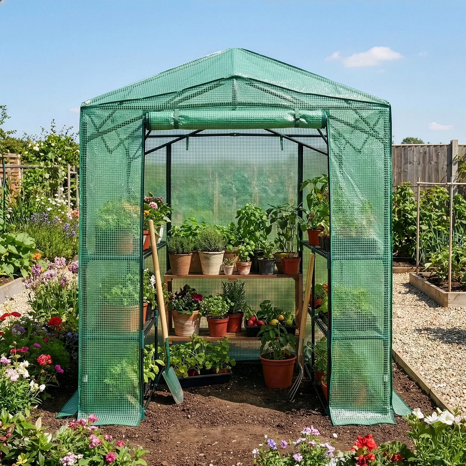 Foldable Greenhouse Shed, 8*6ft Plastic Sprayed Iron Pipe PE Mesh, Green