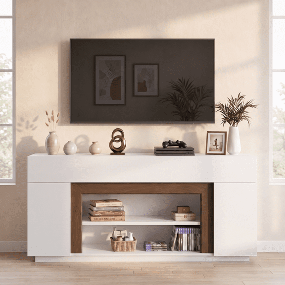 Lacoo 70-Inch TV Stand for 55-75 Inch TVs, Modern Entertainment Center with Storage Cabinets and Adjustable Shelves, Media Console for Living Room, White