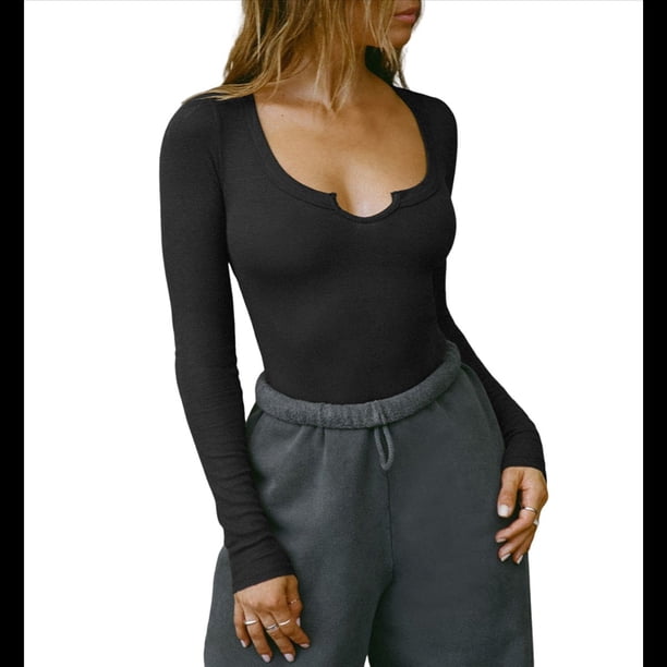 Blusa Informal Básica de Punto Acanalado, Ajustada, con Cuello Redondo y Larga para Mujer Negro L