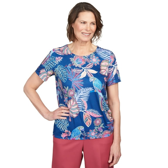 Alfred Dunner Womens Petite Mosaic Parrot Drawstring Hem Top