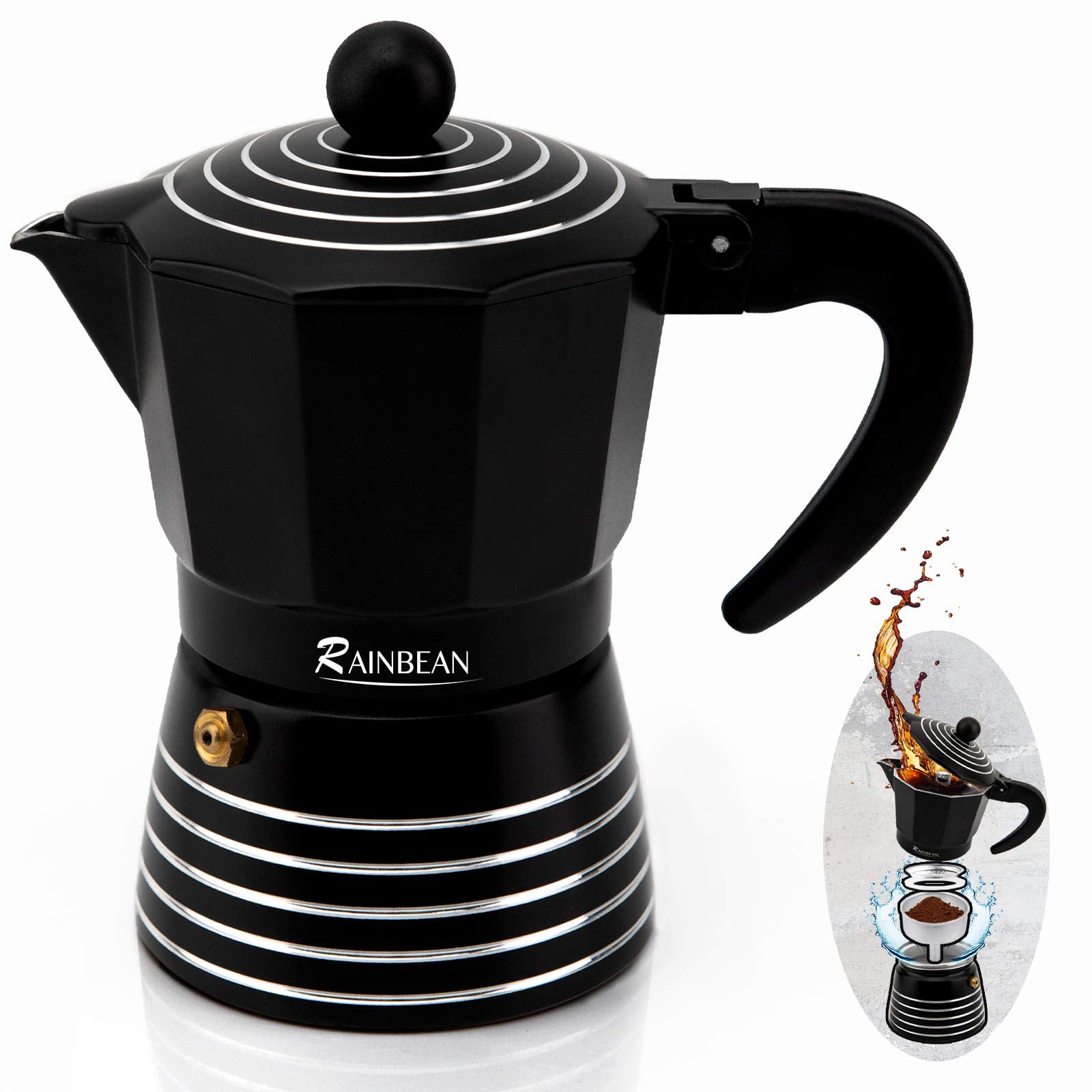 Lowestbest Stovetop Espresso Machine 3 Cups Moka Pot, Italian Cuban Greca Coffee Maker, Black