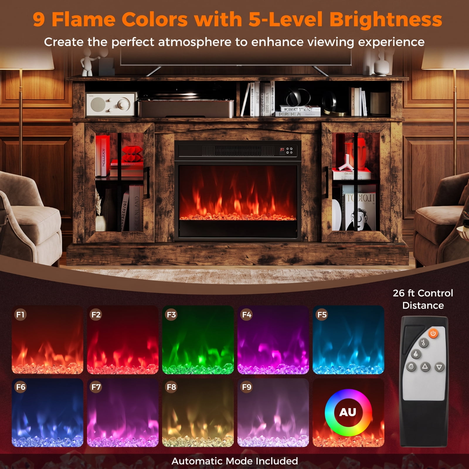 Furnibear 58 Inch Fireplace TV Stand Entertainment Center with LED Lights Storage Cabinets and Tempered Glass Doors for Living Room, Rustic Brown