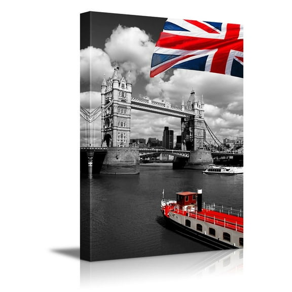 Canvas Prints Wall Art - Red Flag of England and Ship with Black and White London Tower Bridge on The Background- 24" x 36"
