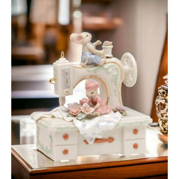 Hand Crafted Ceramic Mice Music Box Sewing Machine 5.25x3.25x6 Inches