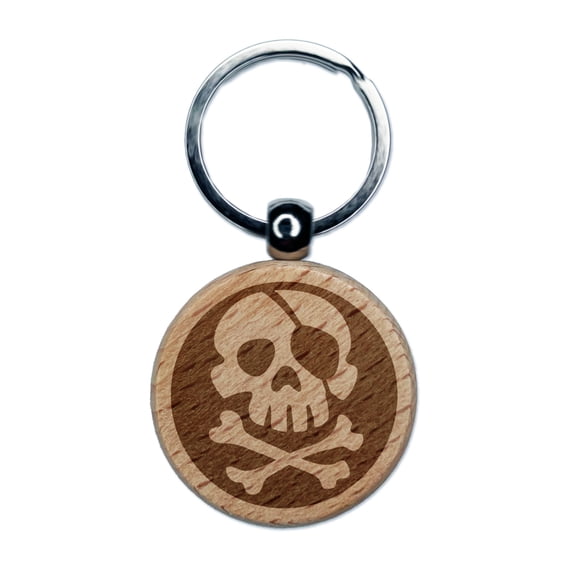 Pirate Skull and Crossbones Jolly Roger Round Keychain Charm Tag - Engraved Wood