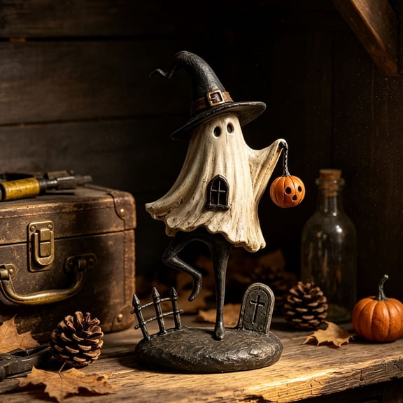 Halloween Ghost Witch Resin Figurine, Dancing Ghost Statue with Pumpkin Jack-o-Lantern and Tombstone Base for Tabletop, Mantel, Shelf Decor