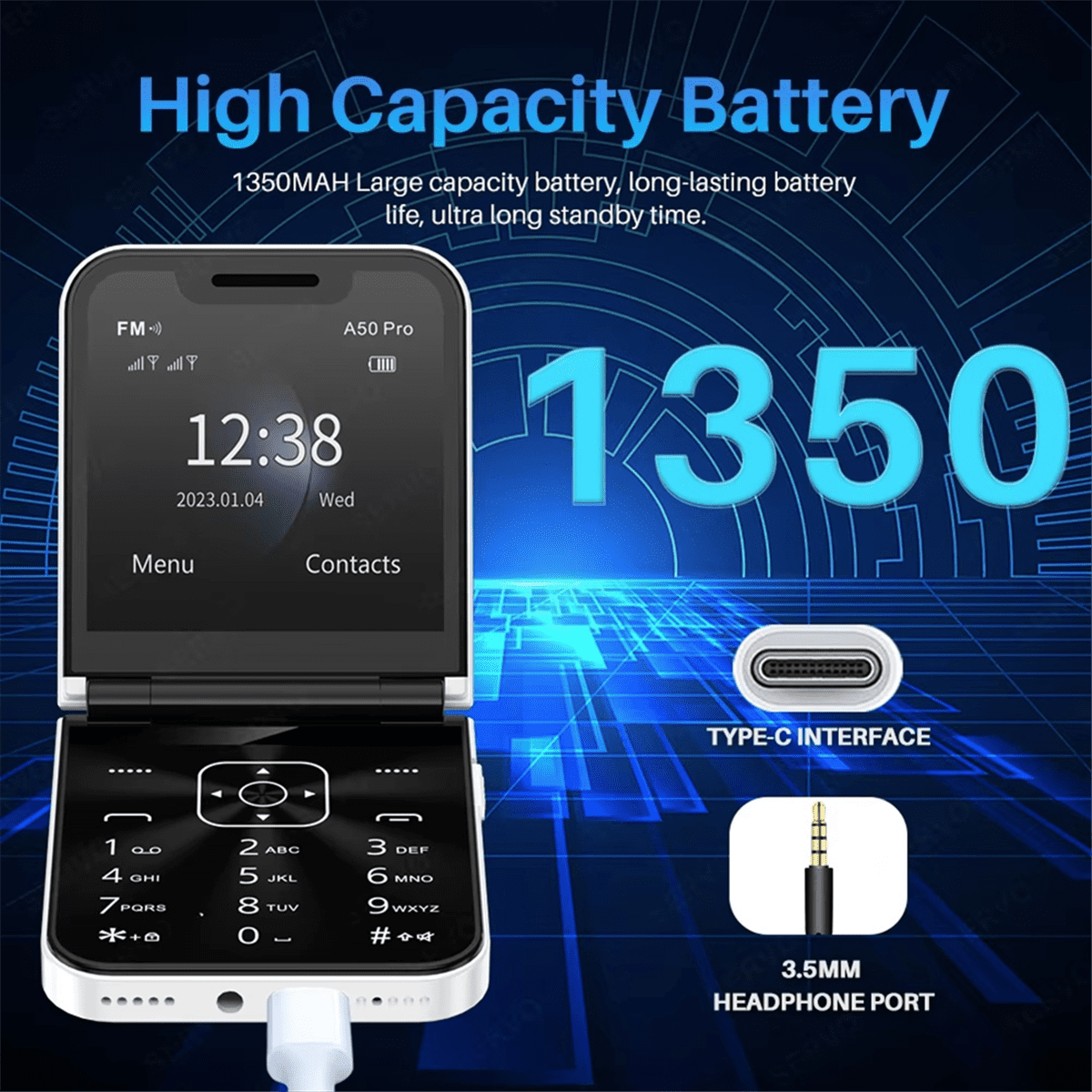 Unlocked Flip Phone with Dual SIM, 2.4in Screen Foldable Mobile Phone, White
