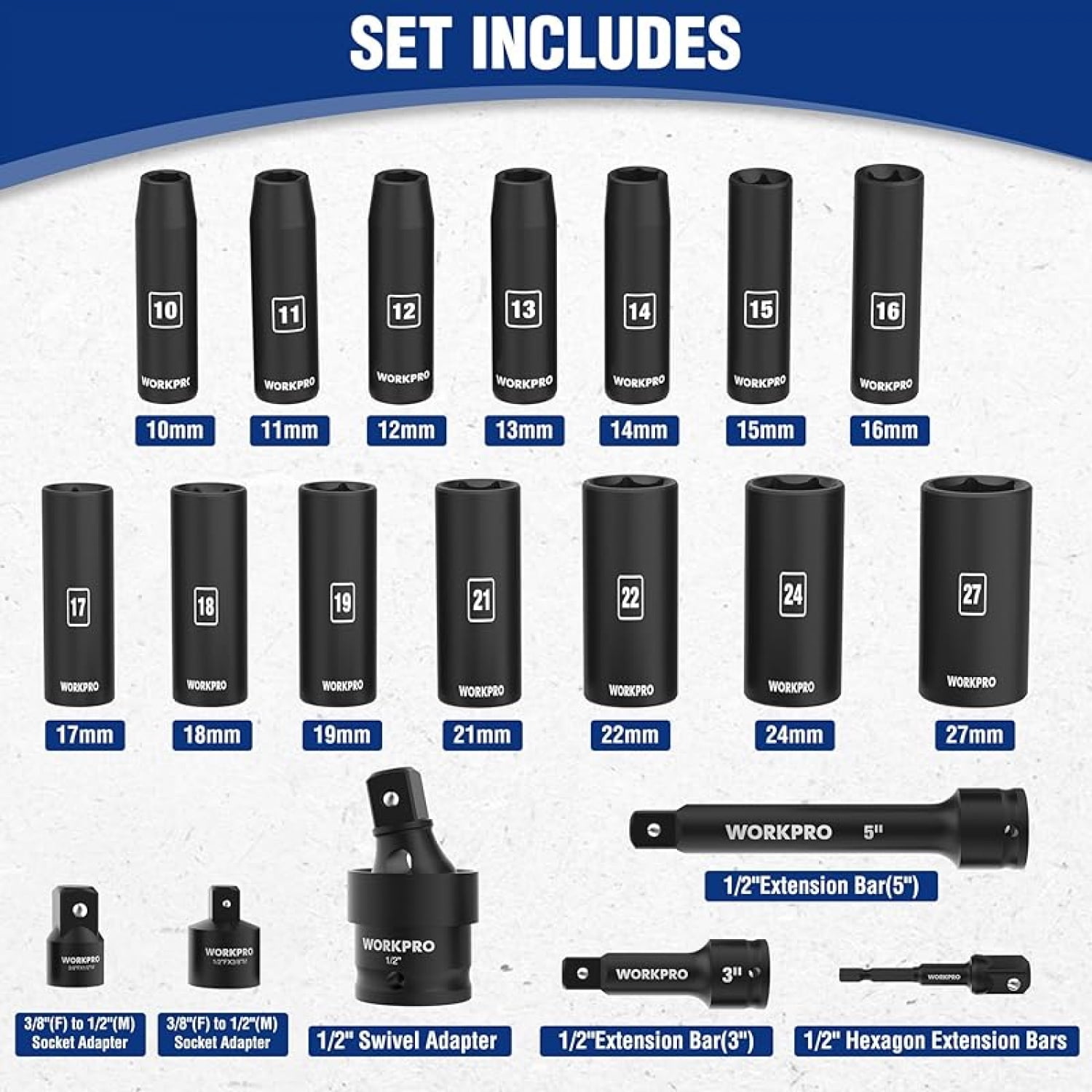 20-Piece 1/2＂ Drive Deep Impact Socket Set, 6-Point, Cr-V Steel, 10-27mm, Universal Joint, Adapter and Extension Bar, Metric