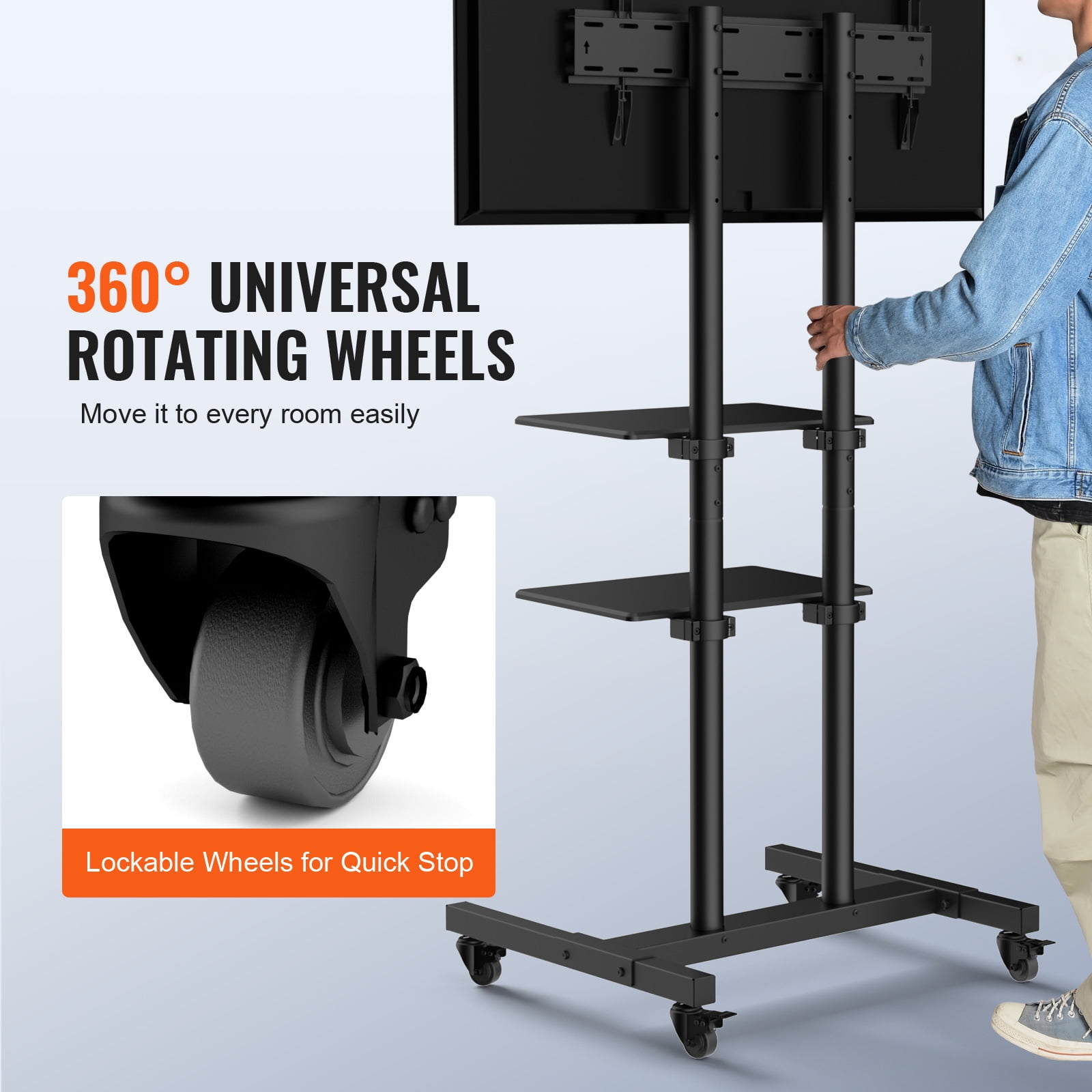VEVOR Modern Rolling TV Stand Height Adjustable Mobile TV Cart Floor TV Stand with Projector Shelf 32"-70" TVs with Lockable Wheels & Double-Tiered Tray