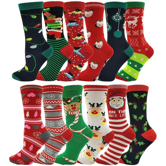 Women's Christmas Socks, 12 Pairs, Holiday Xmas Gift, Novelty Colorful Patterns (12 Pairs Assorted Crew Socks)