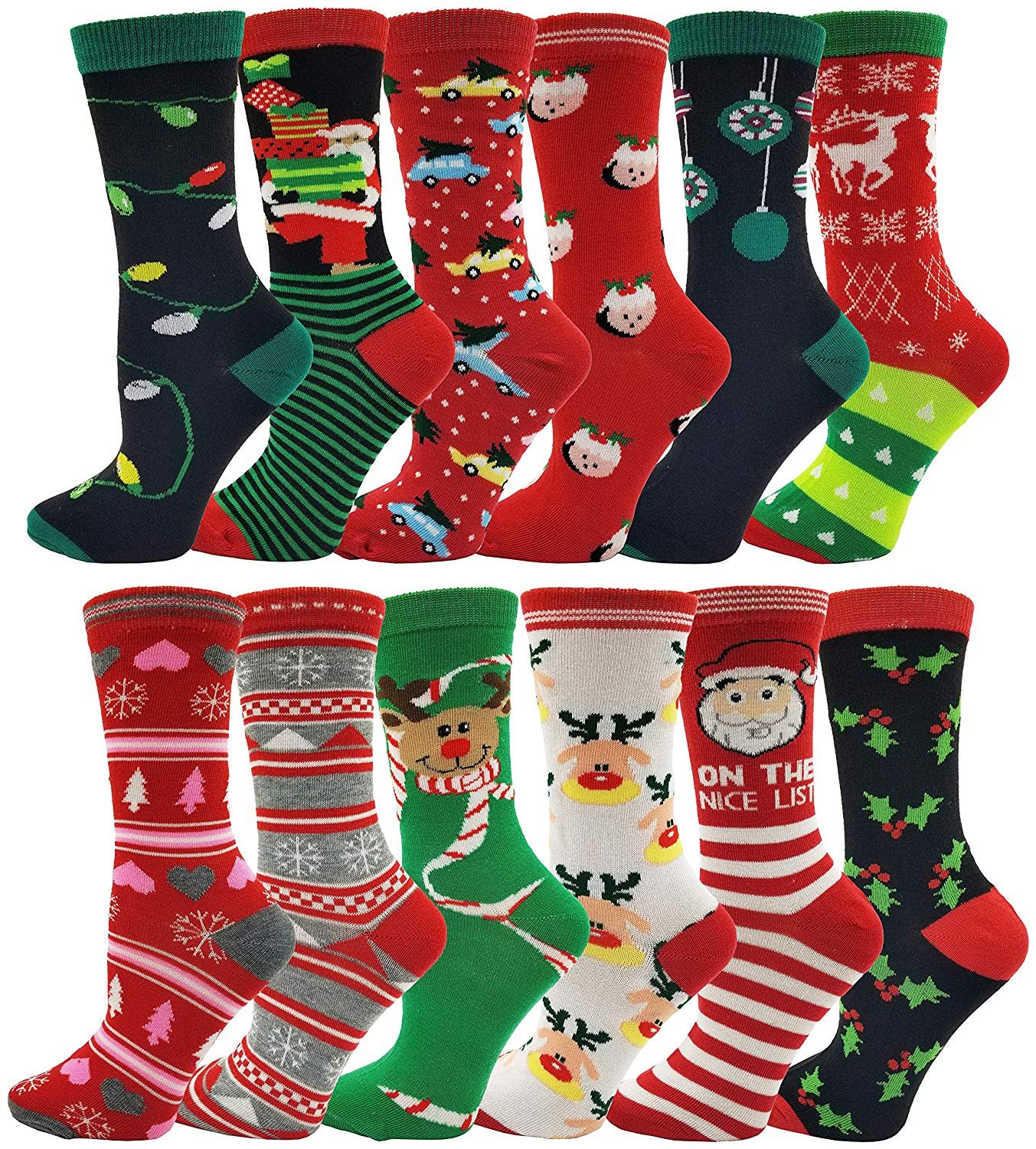 Winterlace - Women's Christmas Socks, 12 Pairs, Holiday Xmas Gift, Novelty Colorful Patterns (12 