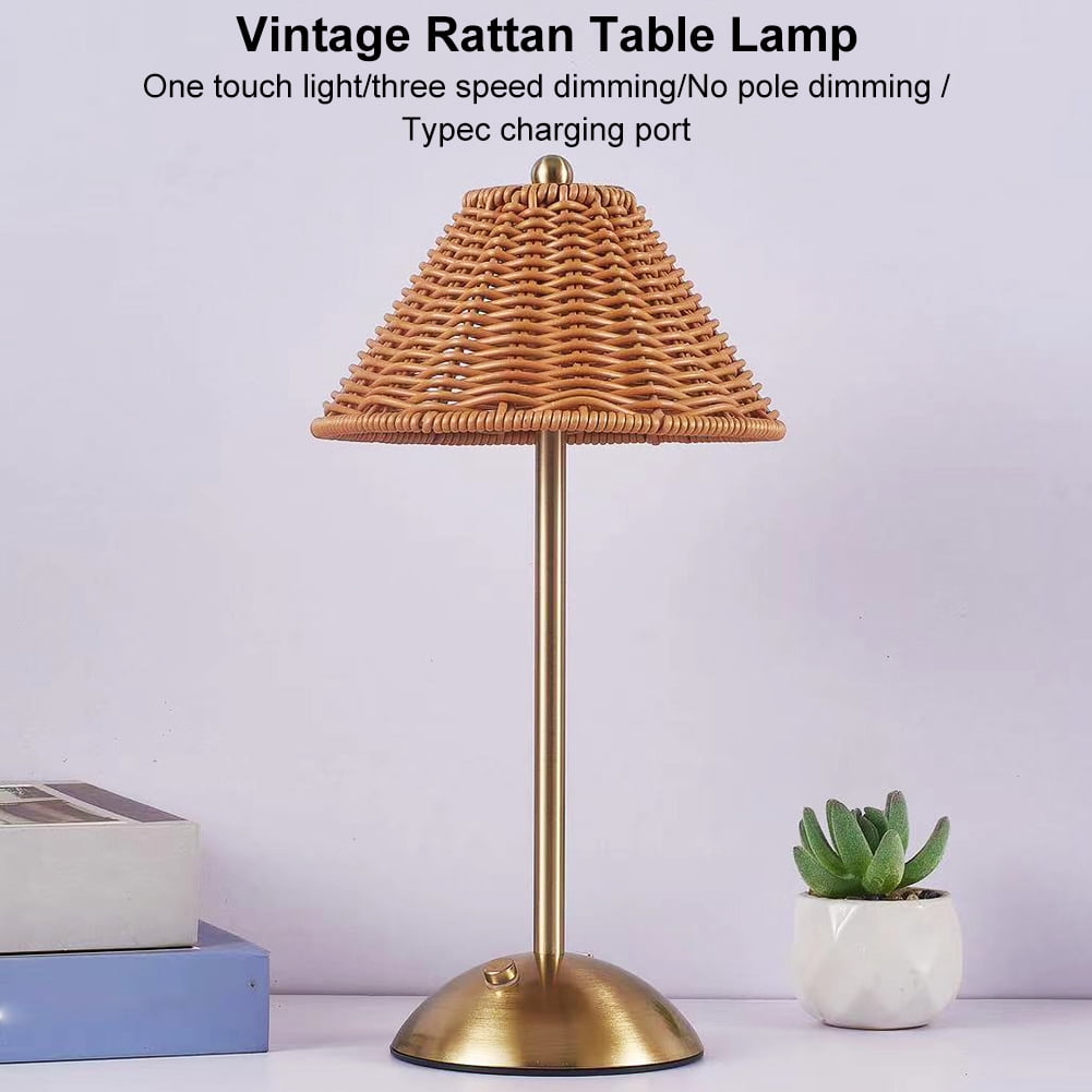 HUISZJ Cordless Table Lamp, Rechargeable Touch Control Rattan Table Lamp, Dimmable Retro Nightstand Lamp for Bedroom Home Decor