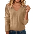 thumbnail image 3 of Women's V Neck Sweater, Fluffy Soft Velvet Touch Pullover, Embossed Design Knit Top, Long Sleeve Casual Pullover, Solid Color Fall Winter Top, Everyday Wear Sweater Coffee XL, 3 of 7