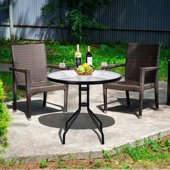 32 Inch Outdoor Patio Round Tempered Glass Table with Umbrella Hole
