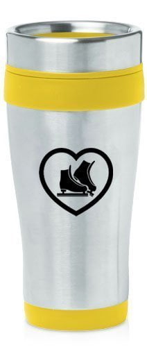 Yellow 16oz Insulated Stainless Steel Travel Mug Heart Ice Skates,MIP by
